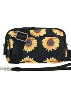 Emmafy Sunflower Print Crossbody Wallet Bag - Black